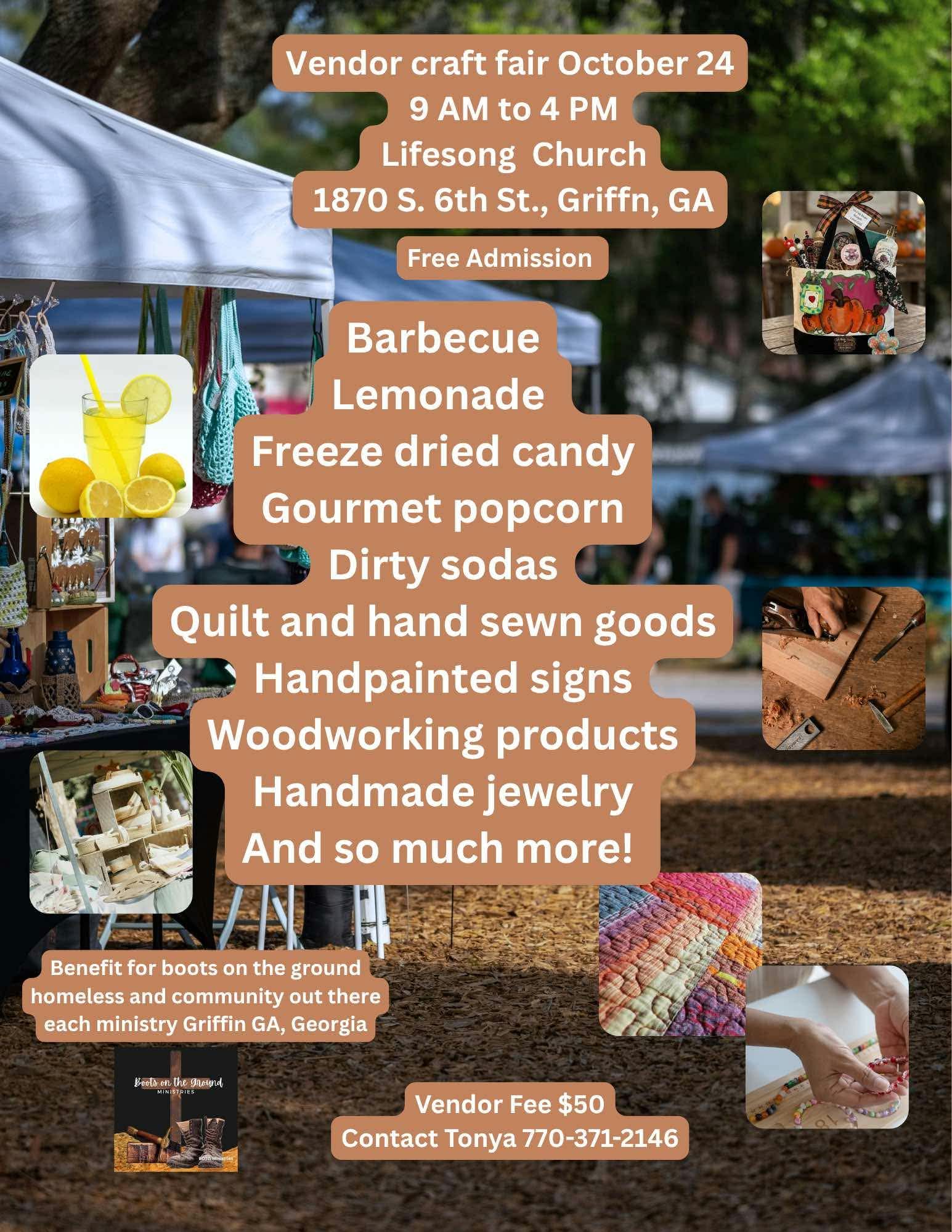 Vendor Craft Fair flyer: Mimi's Sunshine & Grace Lemonade at Lifesong Church, Griffin GA, October 24, 2026